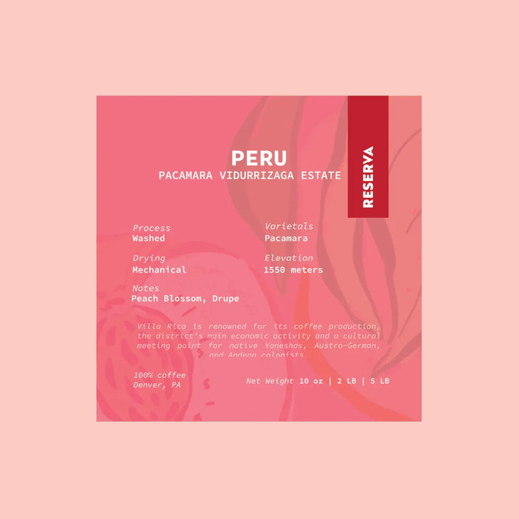 A coffee label card for Villa Rica Reserve Peruvian Pacamara Vidurrizaga Estate coffee, featuring a pink and red design with text detailing the varietals, processing, and flavor notes.