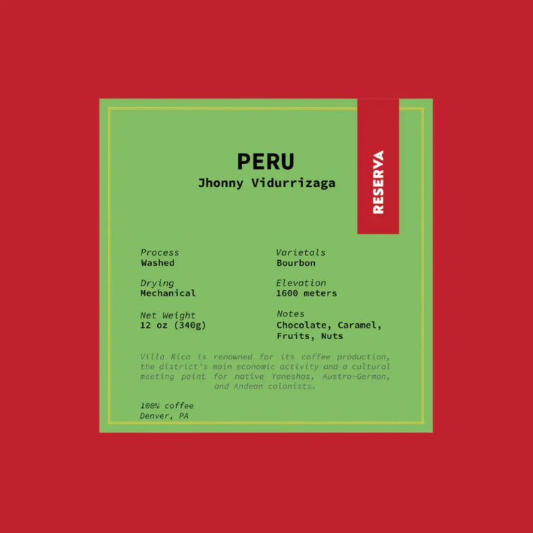 Sticker label on a bag of Peruvian coffee from Finca Vidurrizaga, showing details like Washed process, 1600 masl, and tasting notes of chocolate, caramel, fruit, and nut. - Bodega Coffee Roasters