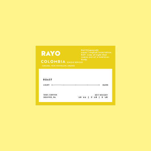 Rayo single origin fro Colombia. Notes of caramel, milk chocolate, orange.
Yellow sticker on alight yellow background.