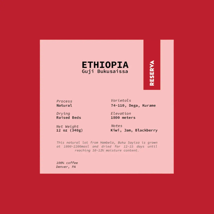 Sticker image: Ethiopia Guji Bukusaissa with detail of natural process, elevation, and notes. - Bodega Coffee