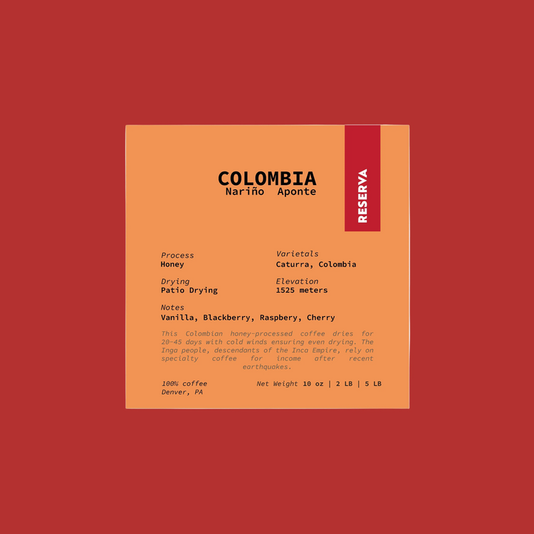 Label of Colombia Nariño Aponte. Honey process, caturra and colombia varietals. Notes of Vanilla, Blackberry, Raspberry and cherry. Orange label on a red background.