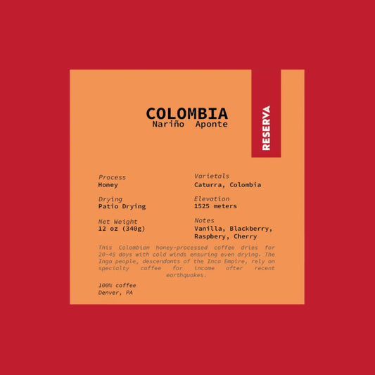 Sticker label on a bag of Colombian coffee showing details like Honey process, 1525 masl, and tasting notes of Vanilla, Blackberry, Raspberry, Cherry.