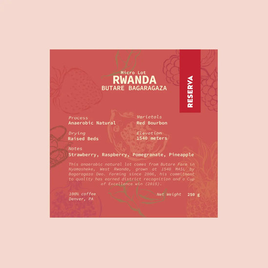 Coffee label for Rwanda Butare Bagaragaza with floral patterns on a red background