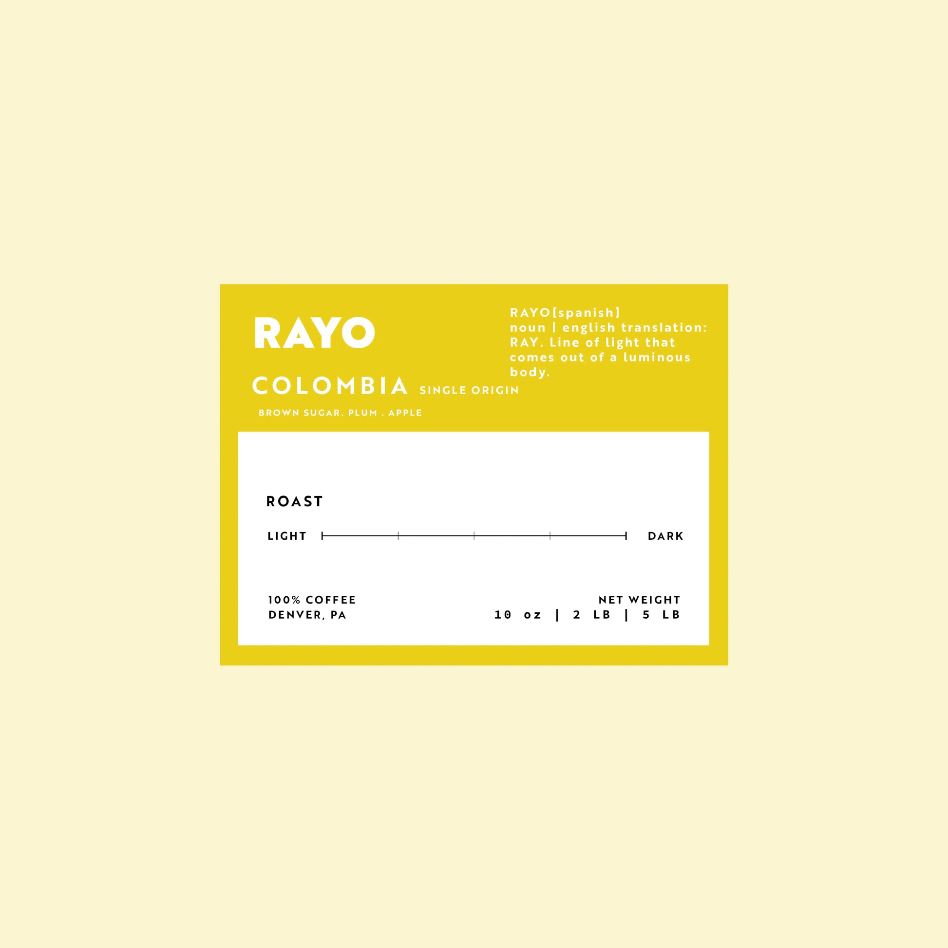 Coffee label for 'Rayo Colombia' on a light yellow background