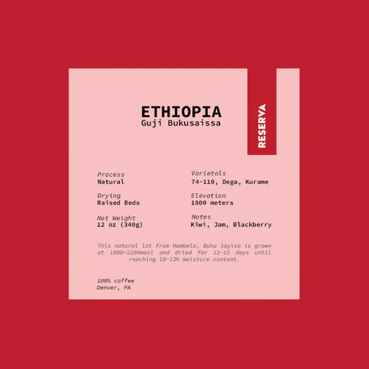 Sticker image: Ethiopia Guji Bukusaissa with detail of natural process, elevation, and notes. - Bodega Coffee