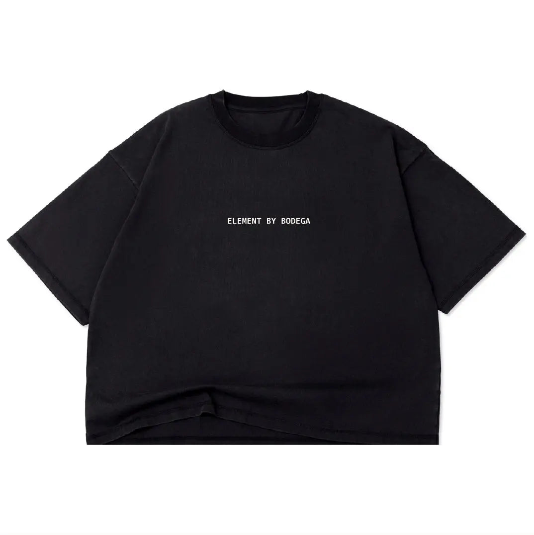 A black short-sleeve crewneck t-shirt with 'ELEMENT BY BODEGA' printed in small white text on the chest, displayed flat against a plain white background.