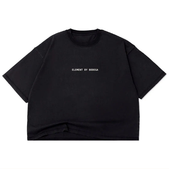 A black short-sleeve crewneck t-shirt with 'ELEMENT BY BODEGA' printed in small white text on the chest, displayed flat against a plain white background.