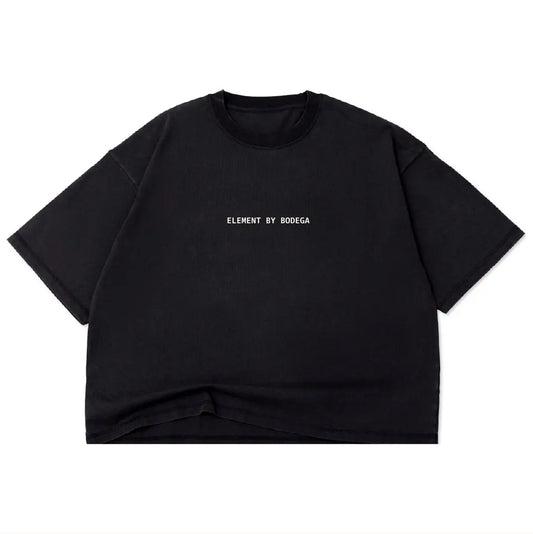 A black short-sleeve crewneck t-shirt with 'ELEMENT BY BODEGA' printed in small white text on the chest, displayed flat against a plain white background.