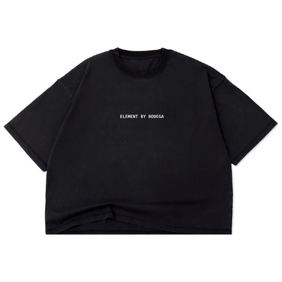 A black short-sleeve crewneck t-shirt with 'ELEMENT BY BODEGA' printed in small white text on the chest, displayed flat against a plain white background.