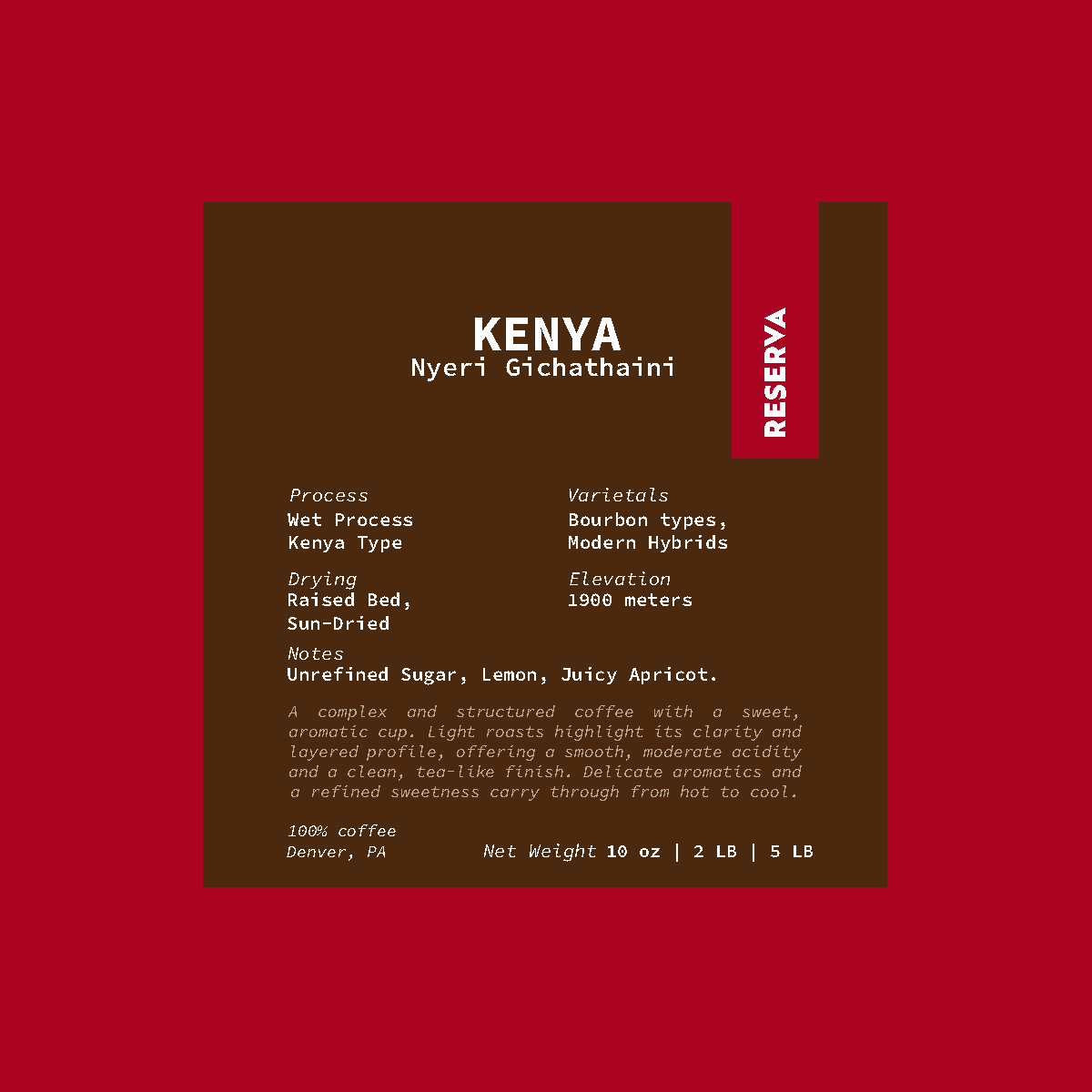 Coffee label for Kenya Nyeri Gichathaini with text details on a red background