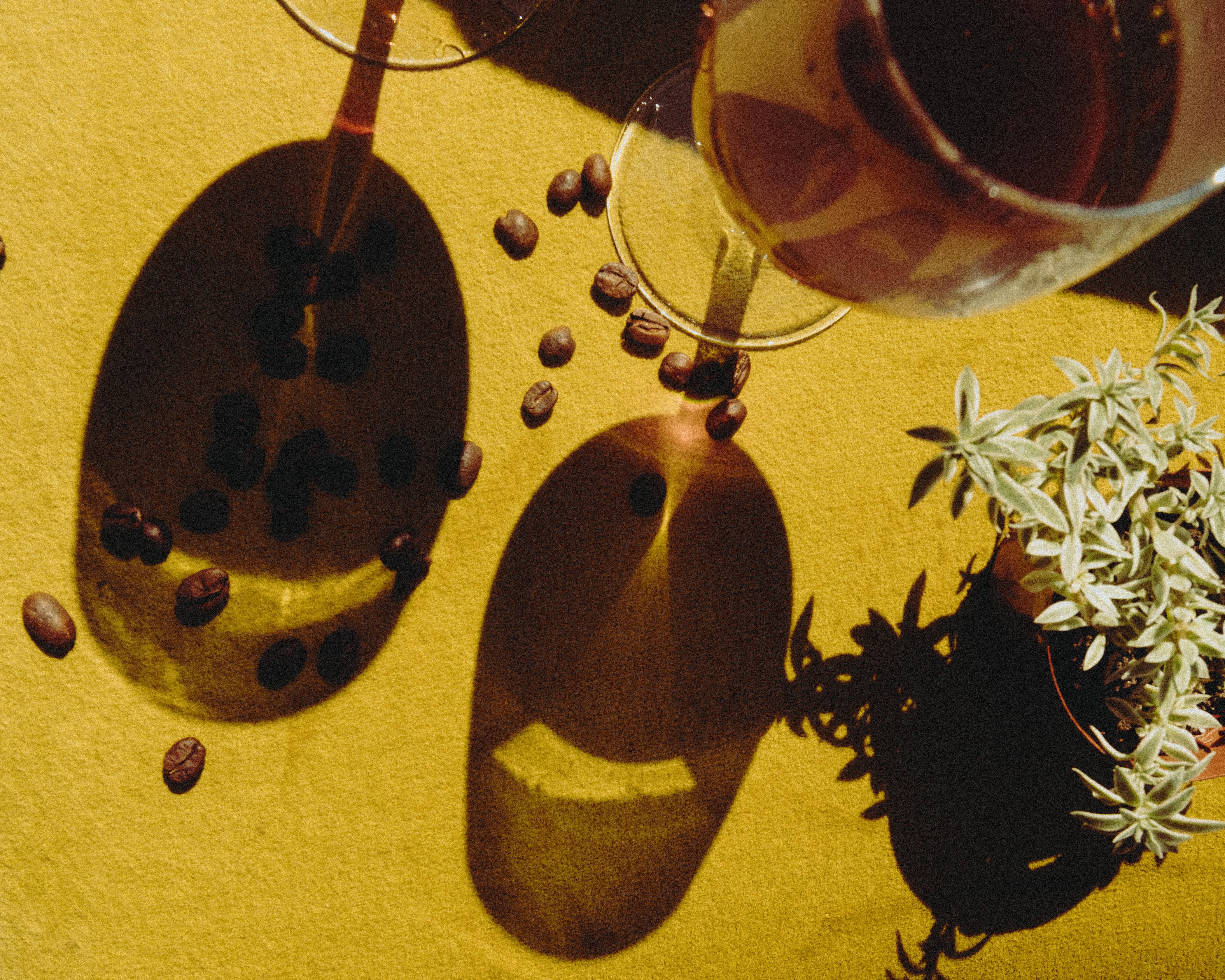 wine cups, flower pot and coffee beans on a yellow cloth.
